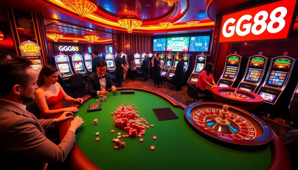 GG88 gaming excitement captured at a lively casino with players at blackjack tables and spinning roulette wheels.